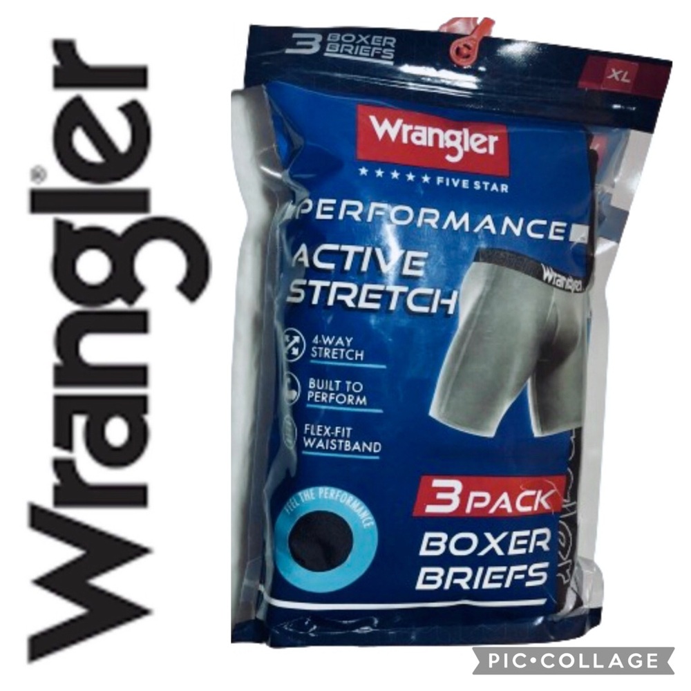 NEW WRANGLER Boxer Briefs Men's Underwear, 3-Pack, XL, 40” - 42”, Black
